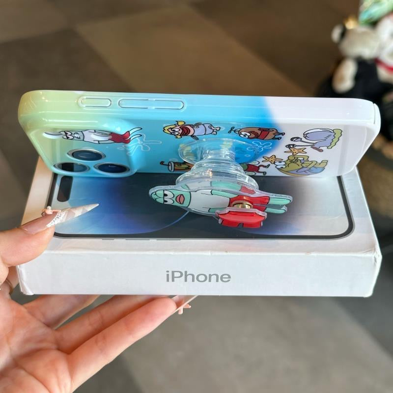 Funda de teléfono transparente y estética con marco ondulado de los personajes de dibujos animados de Bob Esponja, funda amortiguadora para todos los modelos de iPhone