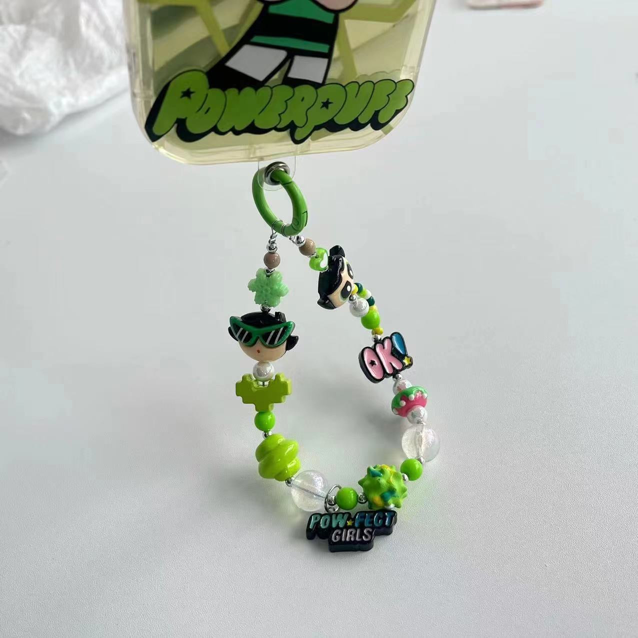 Y2K Style Green Cartoon Girl Beaded Phone Charm, Handmade Acrylic Bead Phone Chain, Cute Pendant for Cellphone, Backpack, Cup and Keyring