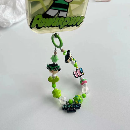 Y2K Style Green Cartoon Girl Beaded Phone Charm, Handmade Acrylic Bead Phone Chain, Cute Pendant for Cellphone, Backpack, Cup and Keyring
