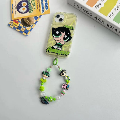 Y2K Style Green Cartoon Girl Beaded Phone Charm, Handmade Acrylic Bead Phone Chain, Cute Pendant for Cellphone, Backpack, Cup and Keyring