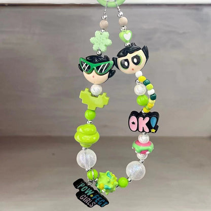 Y2K Style Green Cartoon Girl Beaded Phone Charm, Handmade Acrylic Bead Phone Chain, Cute Pendant for Cellphone, Backpack, Cup and Keyring
