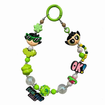 Y2K Style Green Cartoon Girl Beaded Phone Charm, Handmade Acrylic Bead Phone Chain, Cute Pendant for Cellphone, Backpack, Cup and Keyring