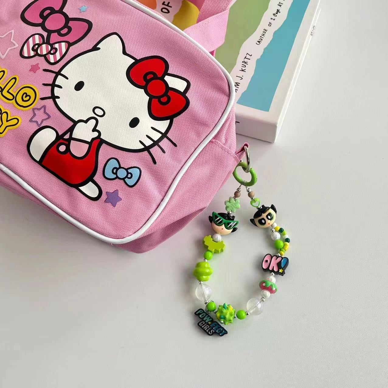 Y2K Style Green Cartoon Girl Beaded Phone Charm, Handmade Acrylic Bead Phone Chain, Cute Pendant for Cellphone, Backpack, Cup and Keyring