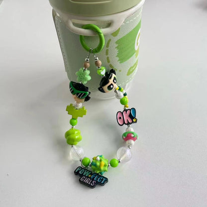 Y2K Style Green Cartoon Girl Beaded Phone Charm, Handmade Acrylic Bead Phone Chain, Cute Pendant for Cellphone, Backpack, Cup and Keyring