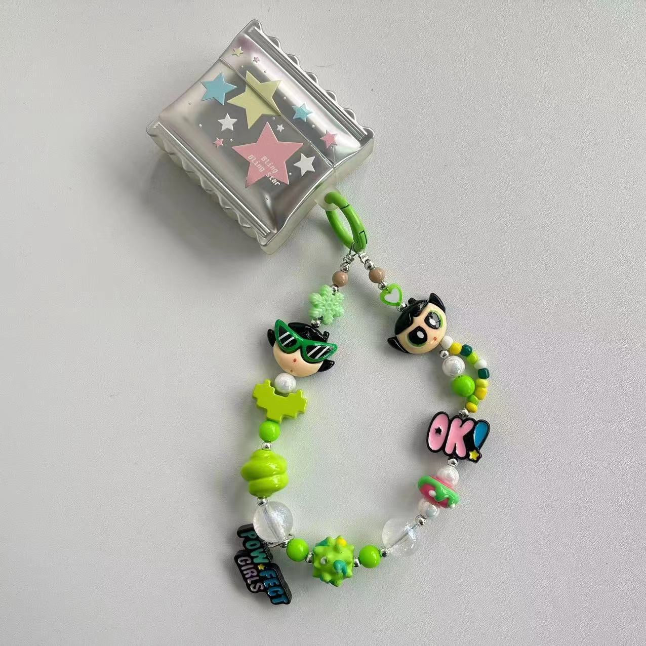Y2K Style Green Cartoon Girl Beaded Phone Charm, Handmade Acrylic Bead Phone Chain, Cute Pendant for Cellphone, Backpack, Cup and Keyring