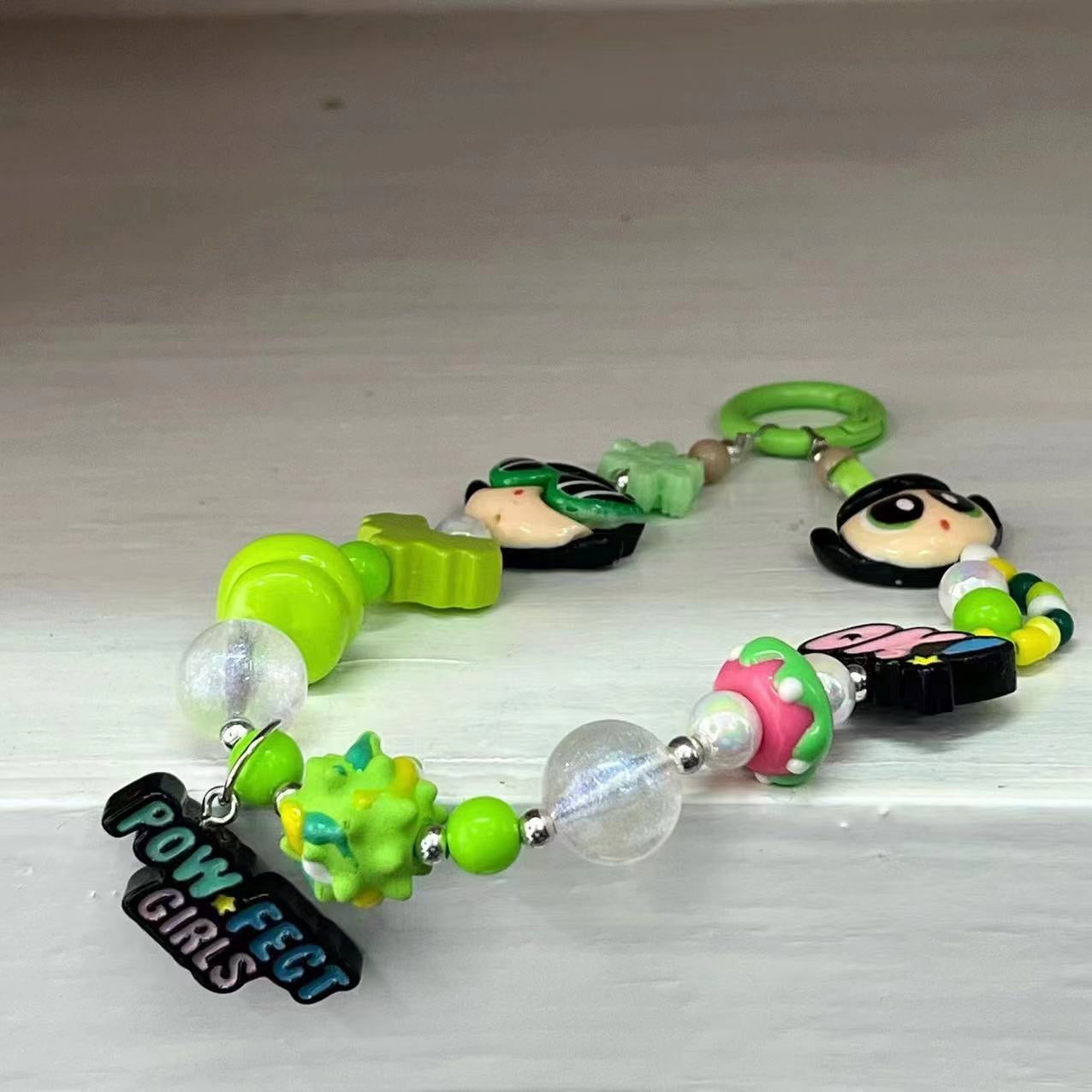 Y2K Style Green Cartoon Girl Beaded Phone Charm, Handmade Acrylic Bead Phone Chain, Cute Pendant for Cellphone, Backpack, Cup and Keyring