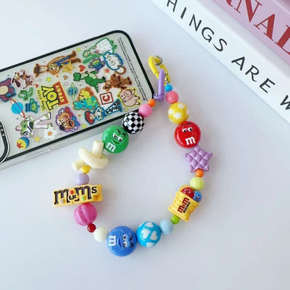 Y2K Cute Round Candy Figurine Beaded Phone Charm, Handmade Acrylic Bead Phone Chain, Fashion Pendant for Cellphone, Backpack, Cup and Keyring