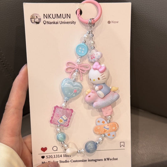 Cute Cartoon Kitten Beaded Phone Charm, Pink Bow Handmade Beaded Phone Chain for Cell Phone, Bag & Key Decor
