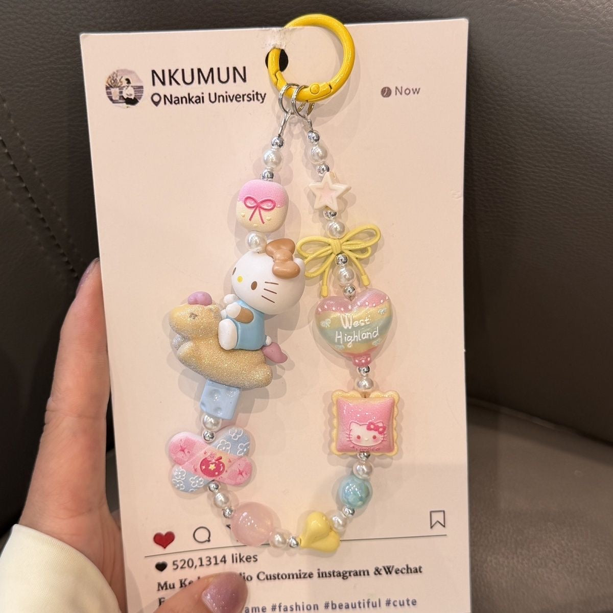 Cute Cartoon Kitten Beaded Phone Charm, Pink Bow Handmade Beaded Phone Chain for Cell Phone, Bag & Key Decor