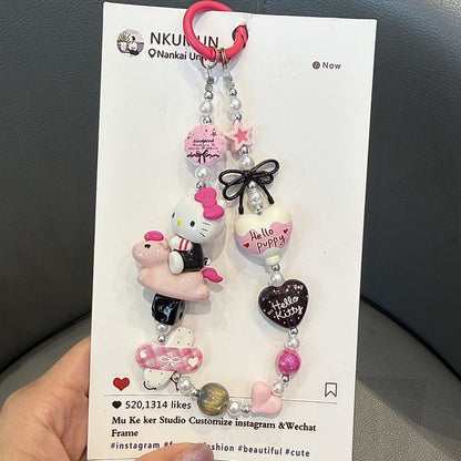 Cute Cartoon Kitten Beaded Phone Charm, Pink Bow Handmade Beaded Phone Chain for Cell Phone, Bag & Key Decor