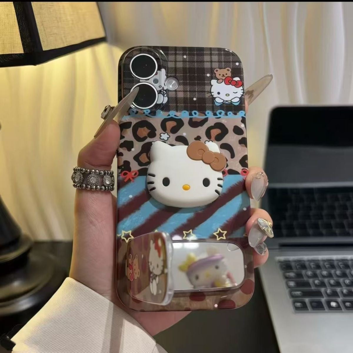 Y2K Leopard Plaid Cartoon Kitten 3D Phone Case with Flip Mirror Puppy Decor Cute Protective Cover for iPhone