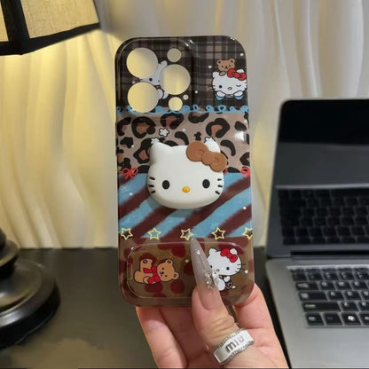 Y2K Leopard Plaid Cartoon Kitten 3D Phone Case with Flip Mirror Puppy Decor Cute Protective Cover for iPhone