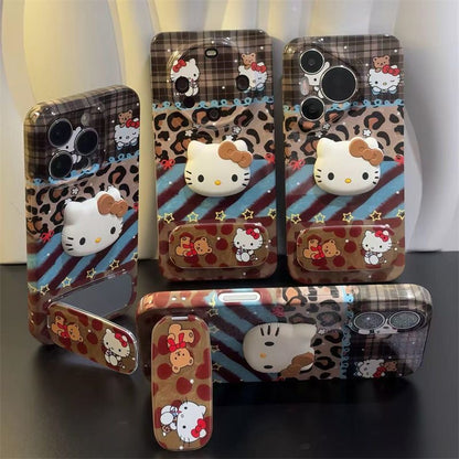 Y2K Leopard Plaid Cartoon Kitten 3D Phone Case with Flip Mirror Puppy Decor Cute Protective Cover for iPhone