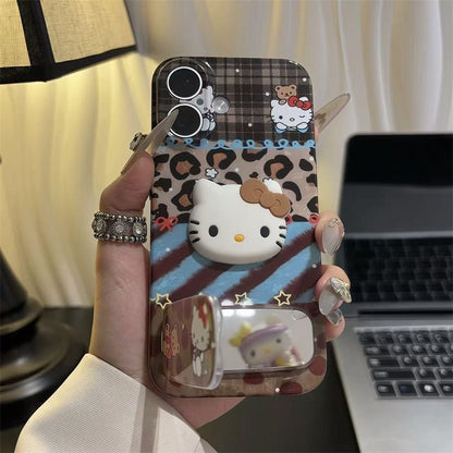 Y2K Leopard Plaid Cartoon Kitten 3D Phone Case with Flip Mirror Puppy Decor Cute Protective Cover for iPhone