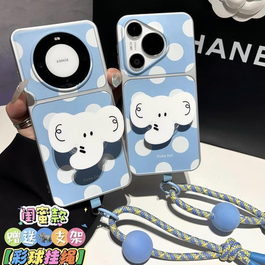 Cute Polka Dot Blue Elephant Phone Case with Detachable Pop Socket Holder & Beaded Wrist Lanyard Kawaii Shockproof Protective Cover For Iphone