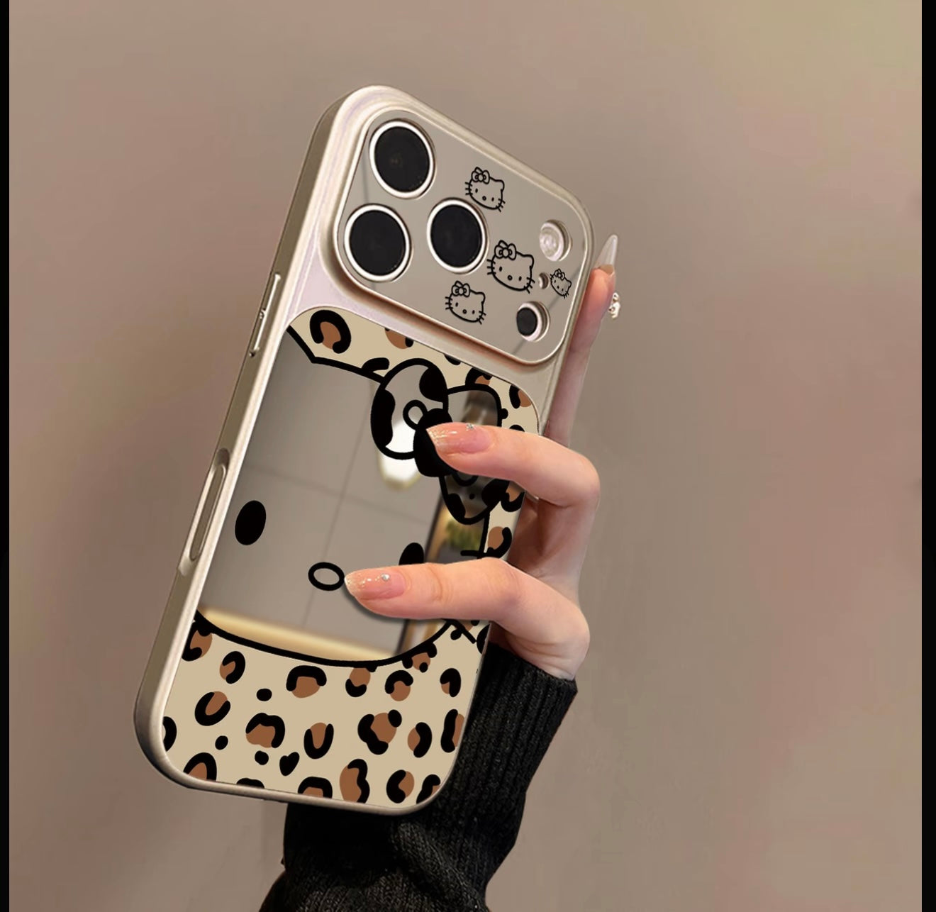 Leopard Print Cute Cartoon Cat Makeup Mirror Phone Case, Large Window Camera Design Silver Electroplated Shockproof Girly Protective Cover For iPhone Series