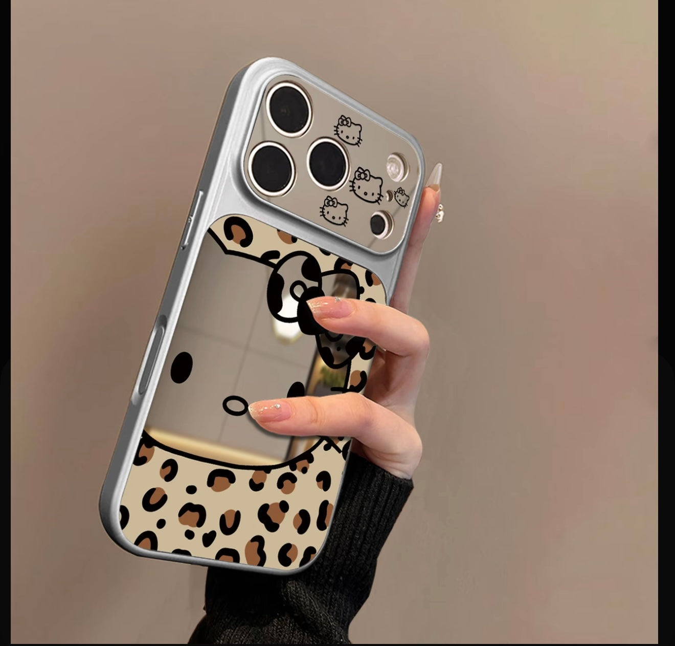 Leopard Print Cute Cartoon Cat Makeup Mirror Phone Case, Large Window Camera Design Silver Electroplated Shockproof Girly Protective Cover For iPhone Series