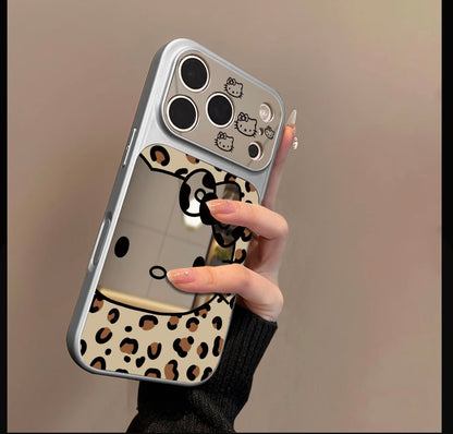 Leopard Print Cute Cartoon Cat Makeup Mirror Phone Case, Large Window Camera Design Silver Electroplated Shockproof Girly Protective Cover For iPhone Series