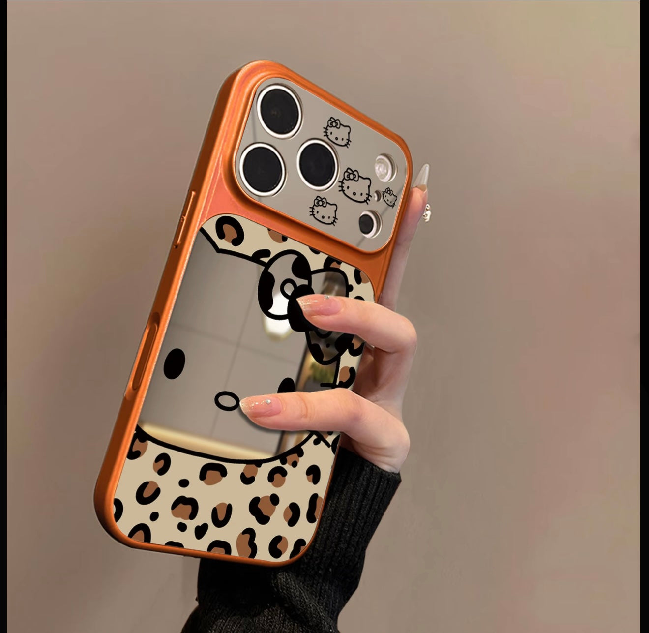 Leopard Print Cute Cartoon Cat Makeup Mirror Phone Case, Large Window Camera Design Silver Electroplated Shockproof Girly Protective Cover For iPhone Series