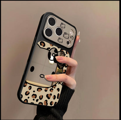 Leopard Print Cute Cartoon Cat Makeup Mirror Phone Case, Large Window Camera Design Silver Electroplated Shockproof Girly Protective Cover For iPhone Series