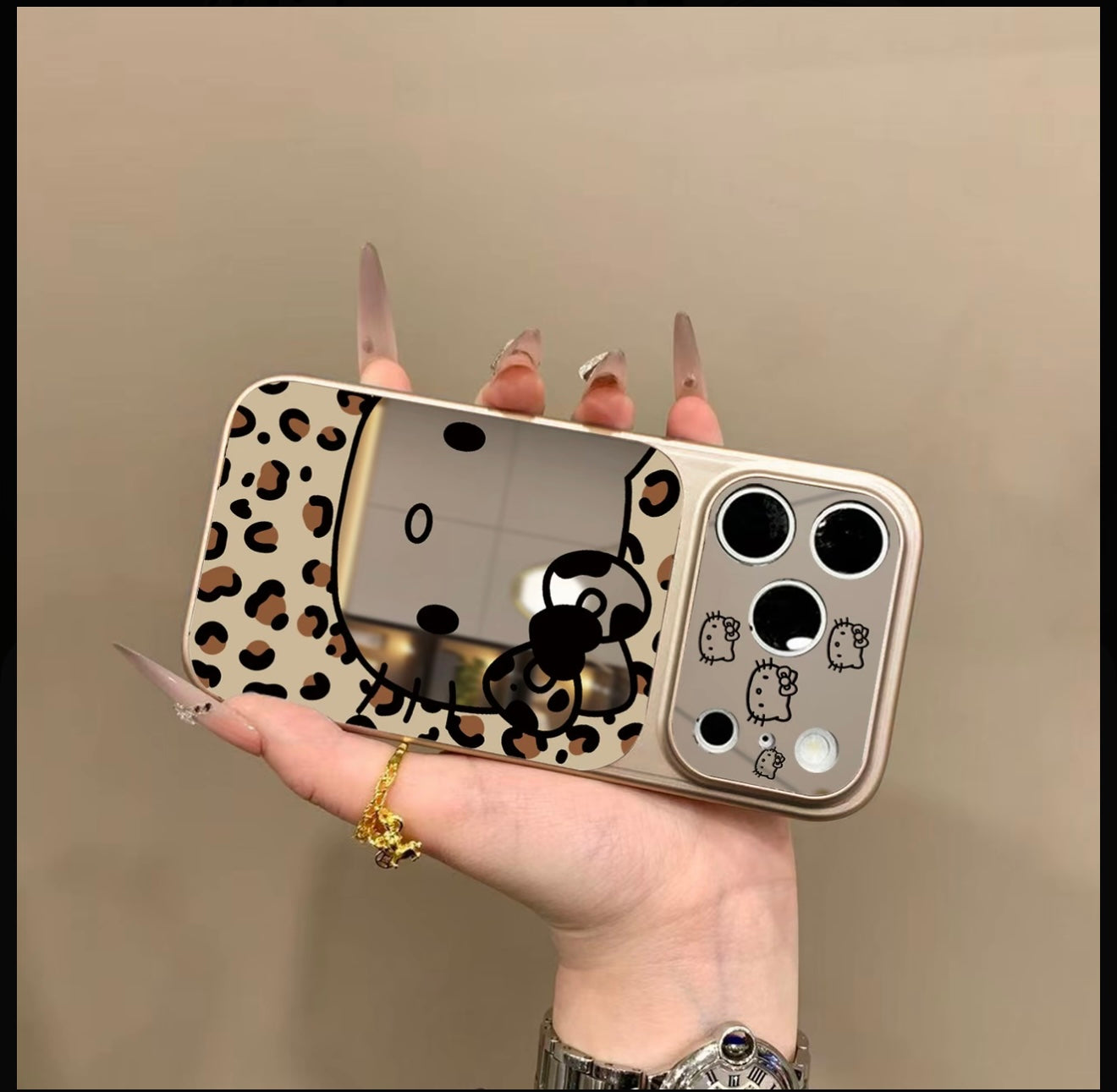 Leopard Print Cute Cartoon Cat Makeup Mirror Phone Case, Large Window Camera Design Silver Electroplated Shockproof Girly Protective Cover For iPhone Series