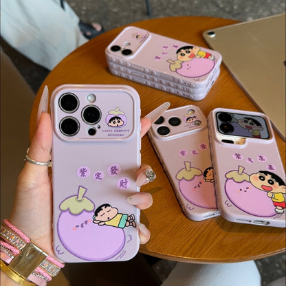 Light Purple Cartoon Boy Eggplant Phone Case, Large Window Camera Protector, Cute Lucky Slogan Print Shockproof Soft Cover For iPhone & Android Smartphones