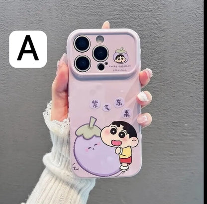 Light Purple Cartoon Boy Eggplant Phone Case, Large Window Camera Protector, Cute Lucky Slogan Print Shockproof Soft Cover For iPhone & Android Smartphones