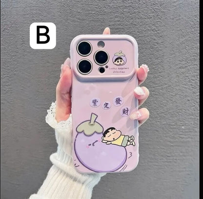 Light Purple Cartoon Boy Eggplant Phone Case, Large Window Camera Protector, Cute Lucky Slogan Print Shockproof Soft Cover For iPhone & Android Smartphones