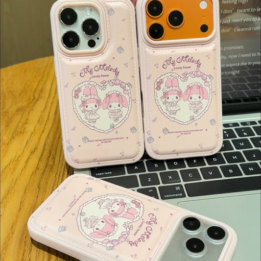 Sweet Pink Heart Cartoon Bunny Print Faux Leather Phone Case, Large Camera Window Design Kawaii Girly Anti-drop Protective Cover For iPhone