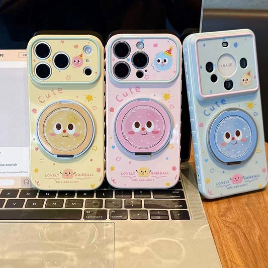 Pastel Cute Fluffy Ball Cartoon Print Phone Case, Rotatable Mirror Ring Stand, Large Lens Window Shockproof Girly Protective Cover For iPhone