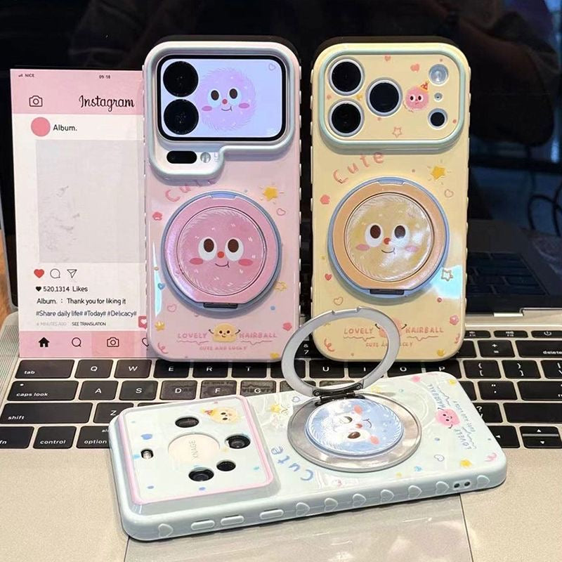 Pastel Cute Fluffy Ball Cartoon Print Phone Case, Rotatable Mirror Ring Stand, Large Lens Window Shockproof Girly Protective Cover For iPhone
