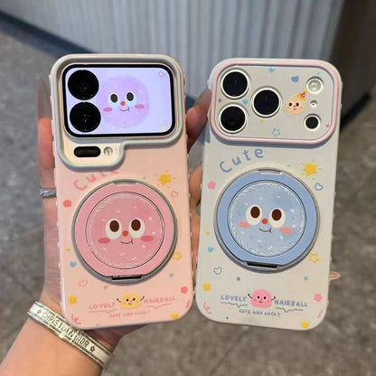 Pastel Cute Fluffy Ball Cartoon Print Phone Case, Rotatable Mirror Ring Stand, Large Lens Window Shockproof Girly Protective Cover For iPhone