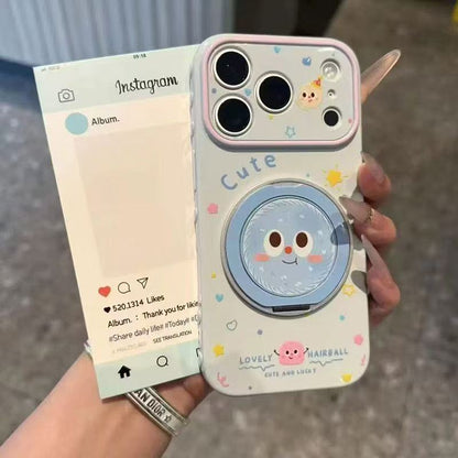Pastel Cute Fluffy Ball Cartoon Print Phone Case, Rotatable Mirror Ring Stand, Large Lens Window Shockproof Girly Protective Cover For iPhone