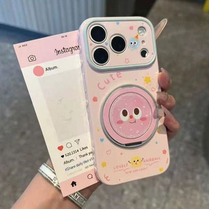Pastel Cute Fluffy Ball Cartoon Print Phone Case, Rotatable Mirror Ring Stand, Large Lens Window Shockproof Girly Protective Cover For iPhone