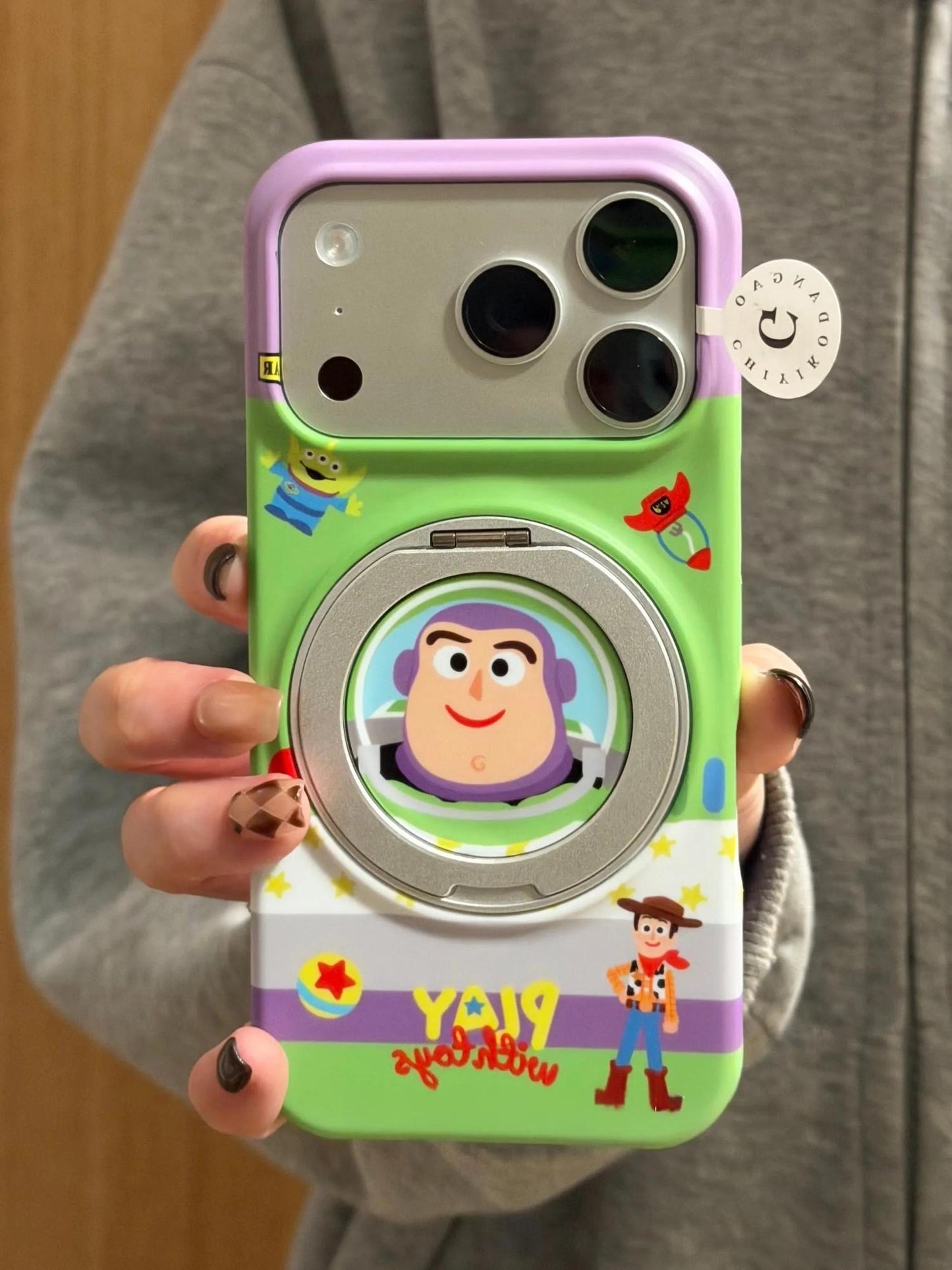 Cartoon Space Cowboy Rotatable Magnetic Ring Phone Case, Flip Lens Protector Hard Cover, Cute Contrast Color Anti-Drop Phone Shell for iPhone Series