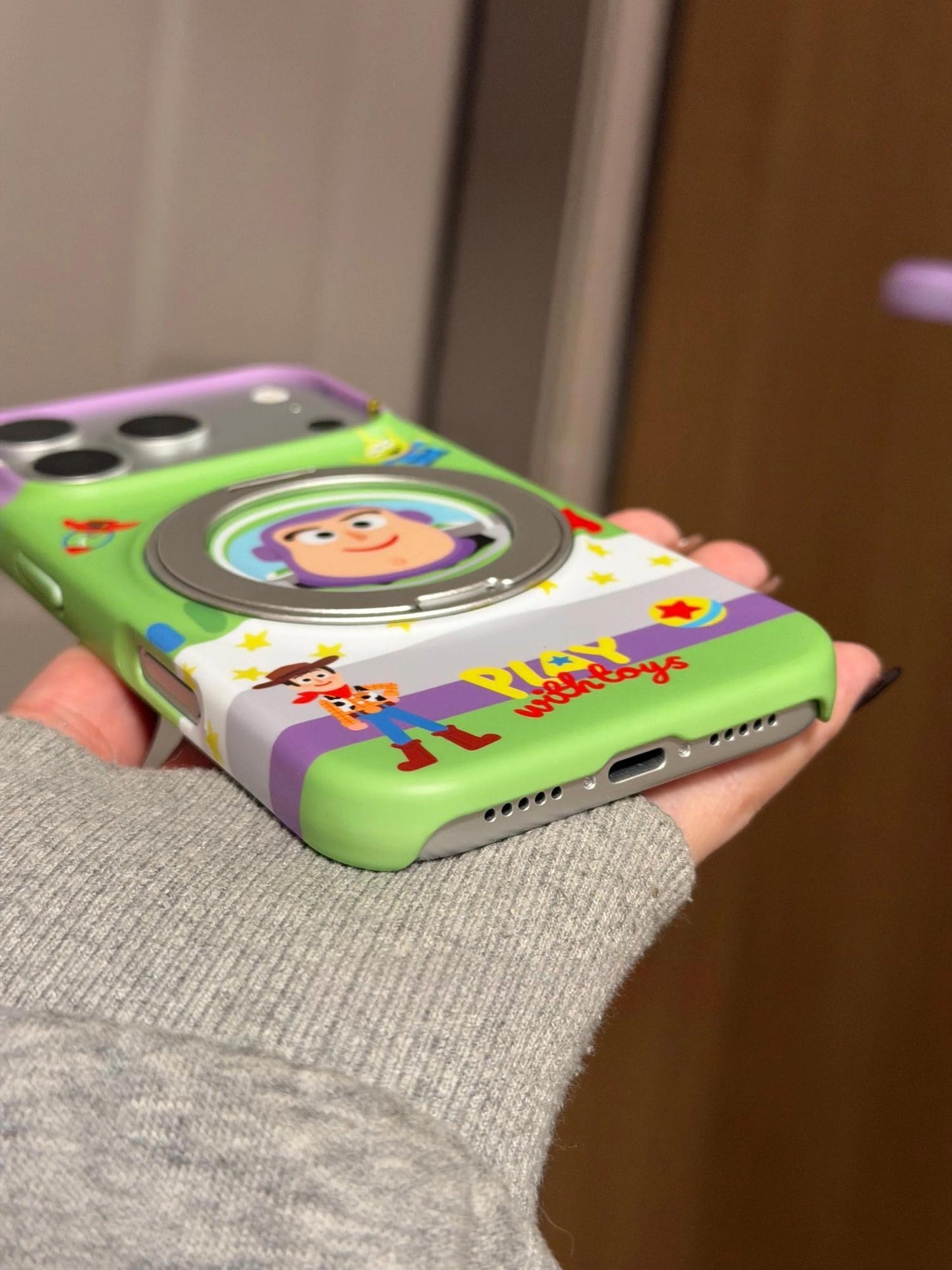 Cartoon Space Cowboy Rotatable Magnetic Ring Phone Case, Flip Lens Protector Hard Cover, Cute Contrast Color Anti-Drop Phone Shell for iPhone Series