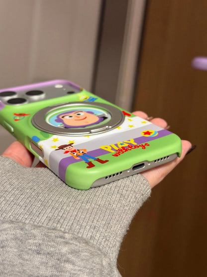Cartoon Space Cowboy Rotatable Magnetic Ring Phone Case, Flip Lens Protector Hard Cover, Cute Contrast Color Anti-Drop Phone Shell for iPhone Series