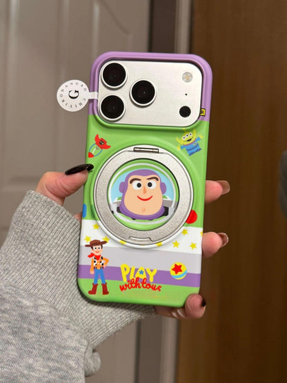 Cartoon Space Cowboy Rotatable Magnetic Ring Phone Case, Flip Lens Protector Hard Cover, Cute Contrast Color Anti-Drop Phone Shell for iPhone Series