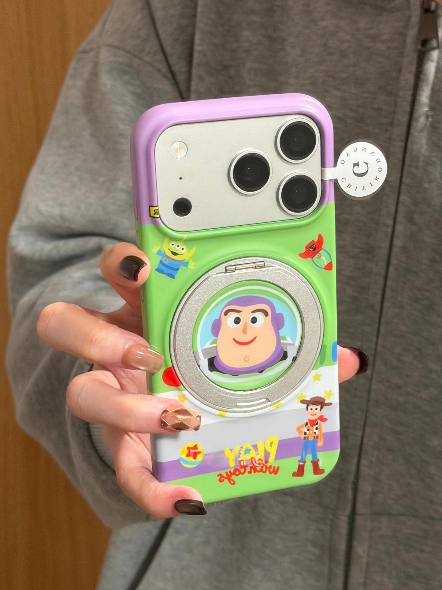Cartoon Space Cowboy Rotatable Magnetic Ring Phone Case, Flip Lens Protector Hard Cover, Cute Contrast Color Anti-Drop Phone Shell for iPhone Series