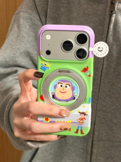 Cartoon Space Cowboy Rotatable Magnetic Ring Phone Case, Flip Lens Protector Hard Cover, Cute Contrast Color Anti-Drop Phone Shell for iPhone Series