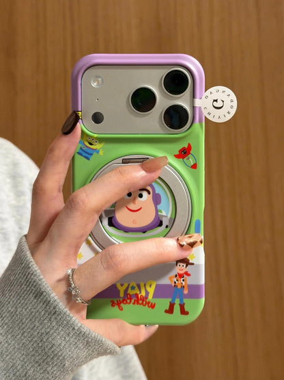 Cartoon Space Cowboy Rotatable Magnetic Ring Phone Case, Flip Lens Protector Hard Cover, Cute Contrast Color Anti-Drop Phone Shell for iPhone Series