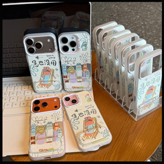 Cute Underwater Cartoon Fish Pattern Phone Case with Foldable Hidden Kickstand, Lens Raised Protective Frame, Matte Anti-Scratch Hard Cover for iPhone
