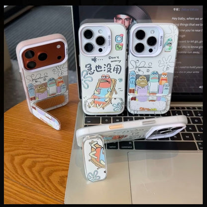 Cute Underwater Cartoon Fish Pattern Phone Case with Foldable Hidden Kickstand, Lens Raised Protective Frame, Matte Anti-Scratch Hard Cover for iPhone