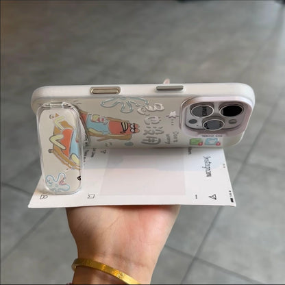 Cute Underwater Cartoon Fish Pattern Phone Case with Foldable Hidden Kickstand, Lens Raised Protective Frame, Matte Anti-Scratch Hard Cover for iPhone