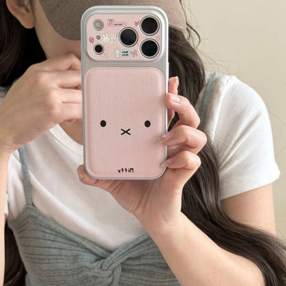 Funda para teléfono Kawaii con diseño de conejo Miffy rosa, cubierta protectora con ventana de cámara grande y colgante de conejo de peluche desmontable, carcasa a prueba de golpes para iPhone