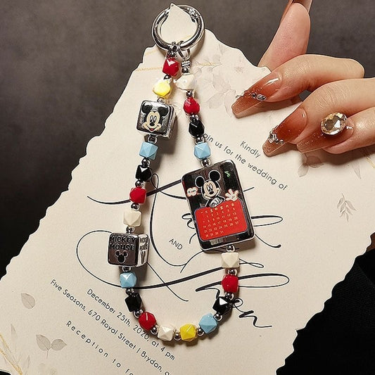 Vintage Round Ear Mouse Cartoon Character Beaded Phone Wrist Strap Colorful Crystal Bead Hand Lanyard