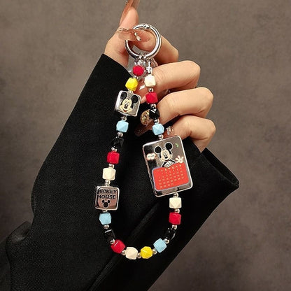 Vintage Round Ear Mouse Cartoon Character Beaded Phone Wrist Strap Colorful Crystal Bead Hand Lanyard