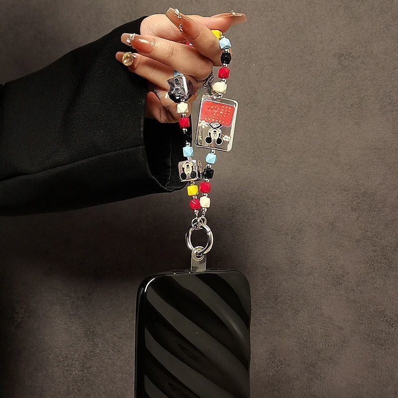 Vintage Round Ear Mouse Cartoon Character Beaded Phone Wrist Strap Colorful Crystal Bead Hand Lanyard
