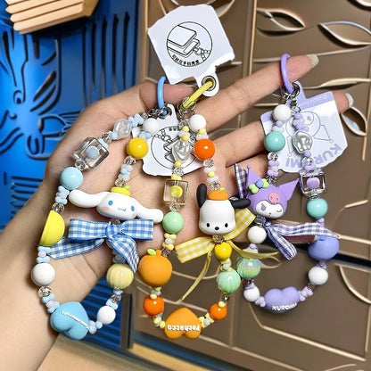 Pastel Bow Cartoon Doll Beaded Phone Wrist Strap Multicolor Sweet Pendant Anti-Lost Hand Lanyard