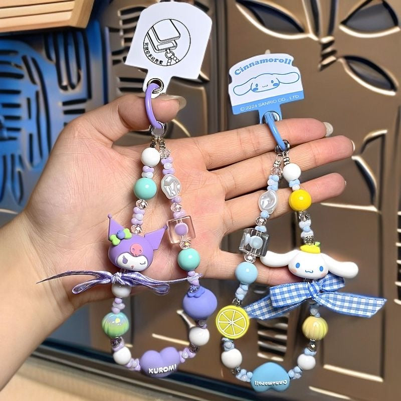 Pastel Bow Cartoon Doll Beaded Phone Wrist Strap Multicolor Sweet Pendant Anti-Lost Hand Lanyard